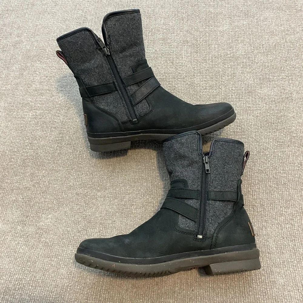 UGG Boots Womens Size 10 Black‎ Leather Shearling Mid Calf Waterproof Zip Buckle
